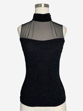 Vintage 90s Onyx Nite Black glitter mock neck sheer mesh sleeveless top party S